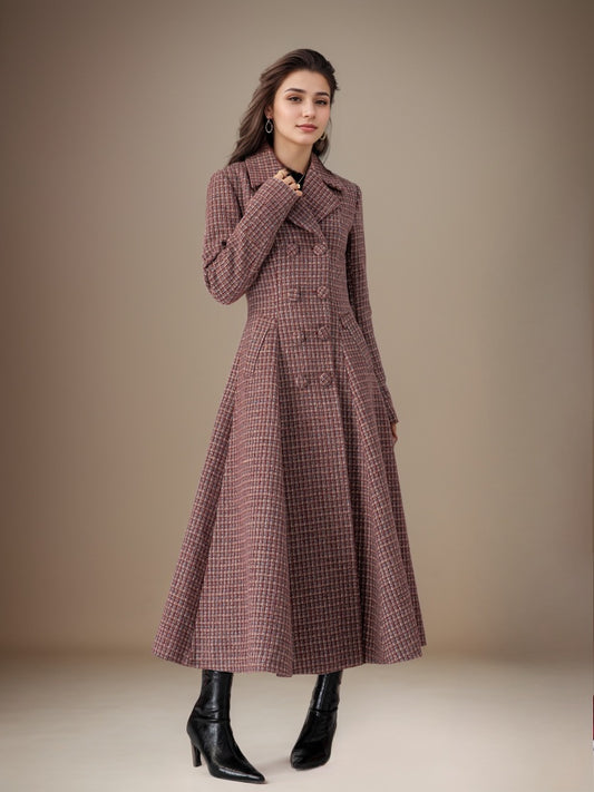 Timeless fit-and-flare wool coat in chestnut check pattern