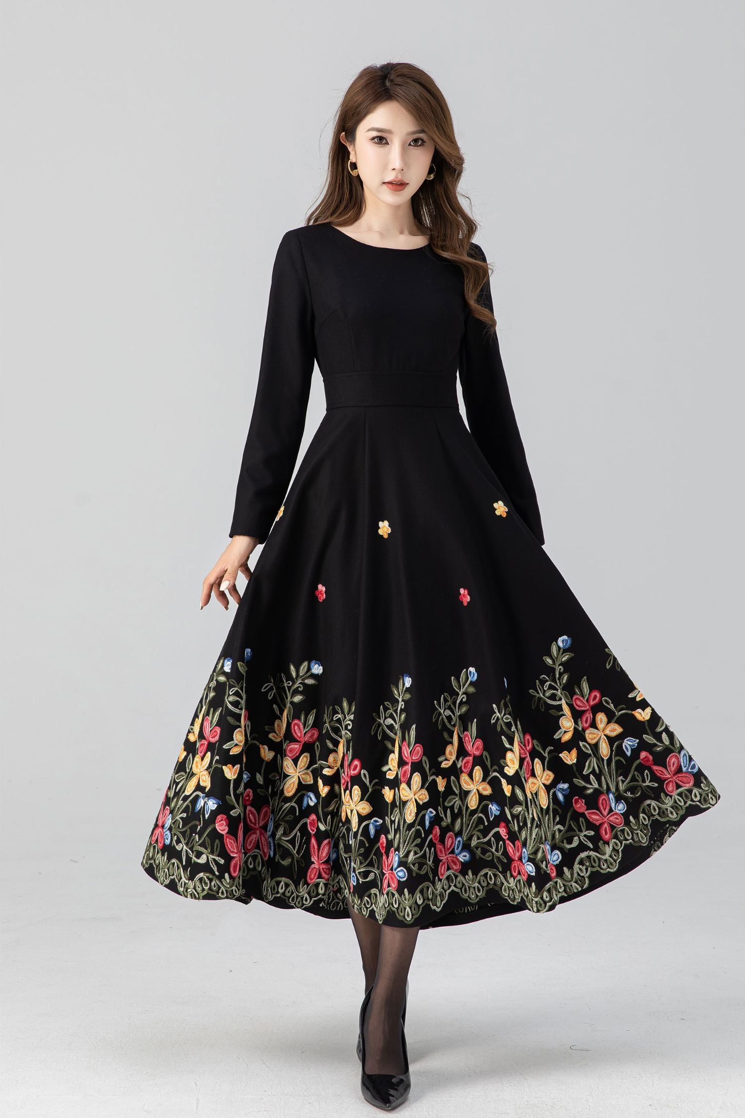 Black Wool Midi Dress with Embroidered Fit and Flare Silhouette – Xiaolizi