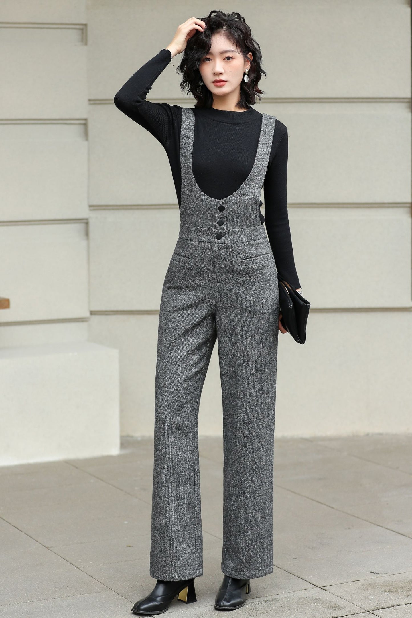 Long Suspender Wool Pants Women 6428