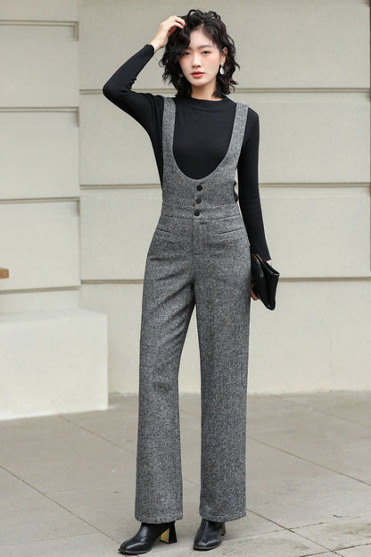 Gray Wool Suspender Pants - Tailored Wide Leg Elegance 6428
