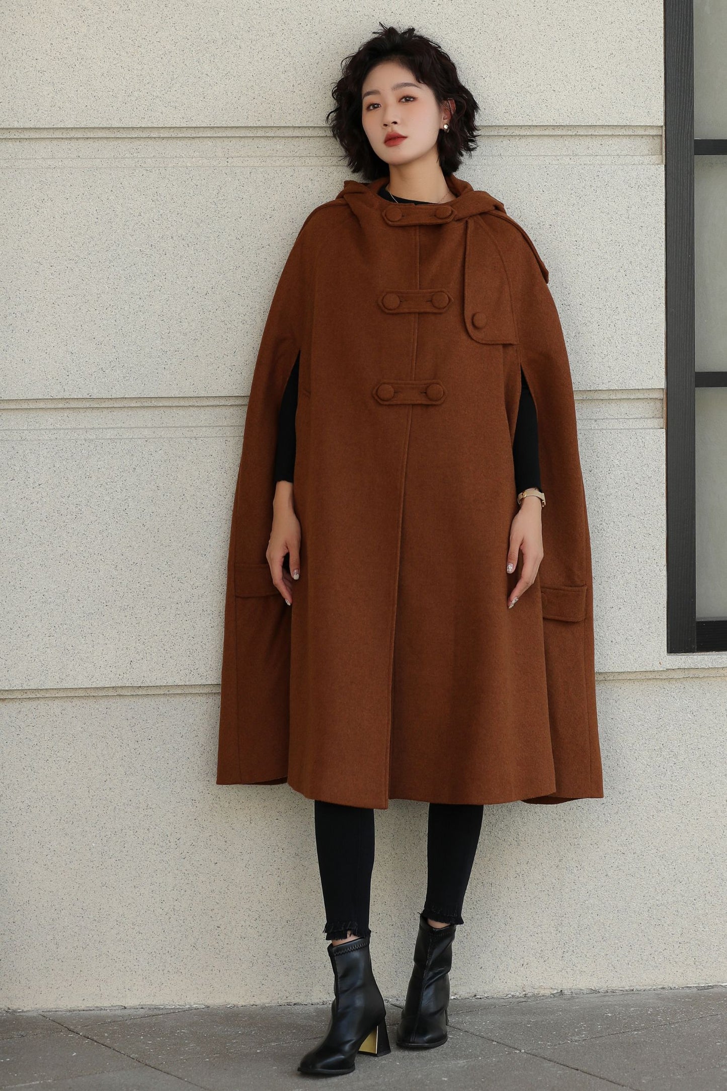 Handmade Wool Hooded Cape – Vintage Winter Cloak Coat with Pockets 6527