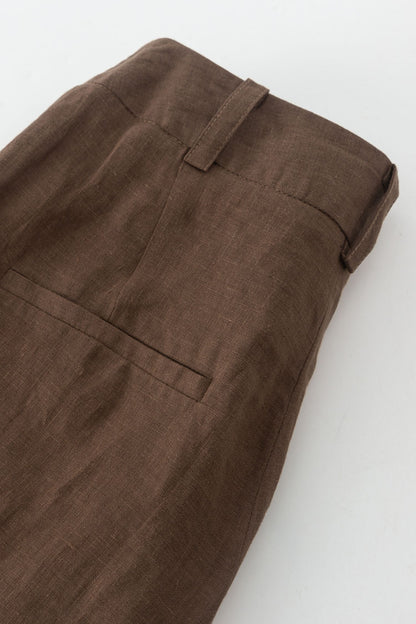 Brown Linen Wide Leg Pants - High Waisted Pleated Detail 4918
