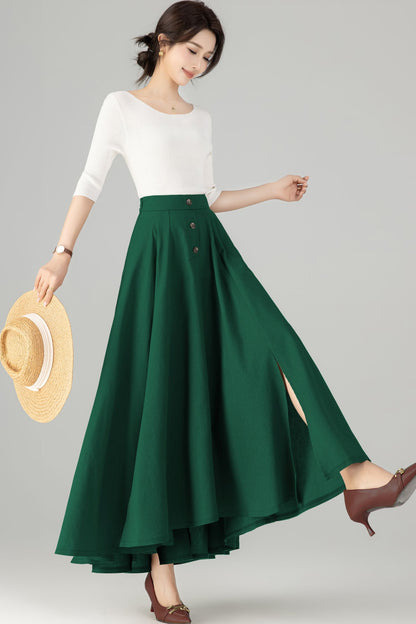 Green Linen Cotton Maxi Skirt - High-Waisted with Side Slit 5719