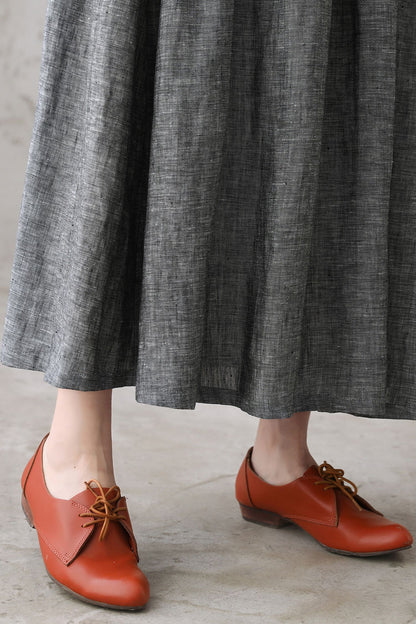 Grey Linen Cotton Maxi Skirt – Pleated Flare Skirt with Elastic Waist 2772