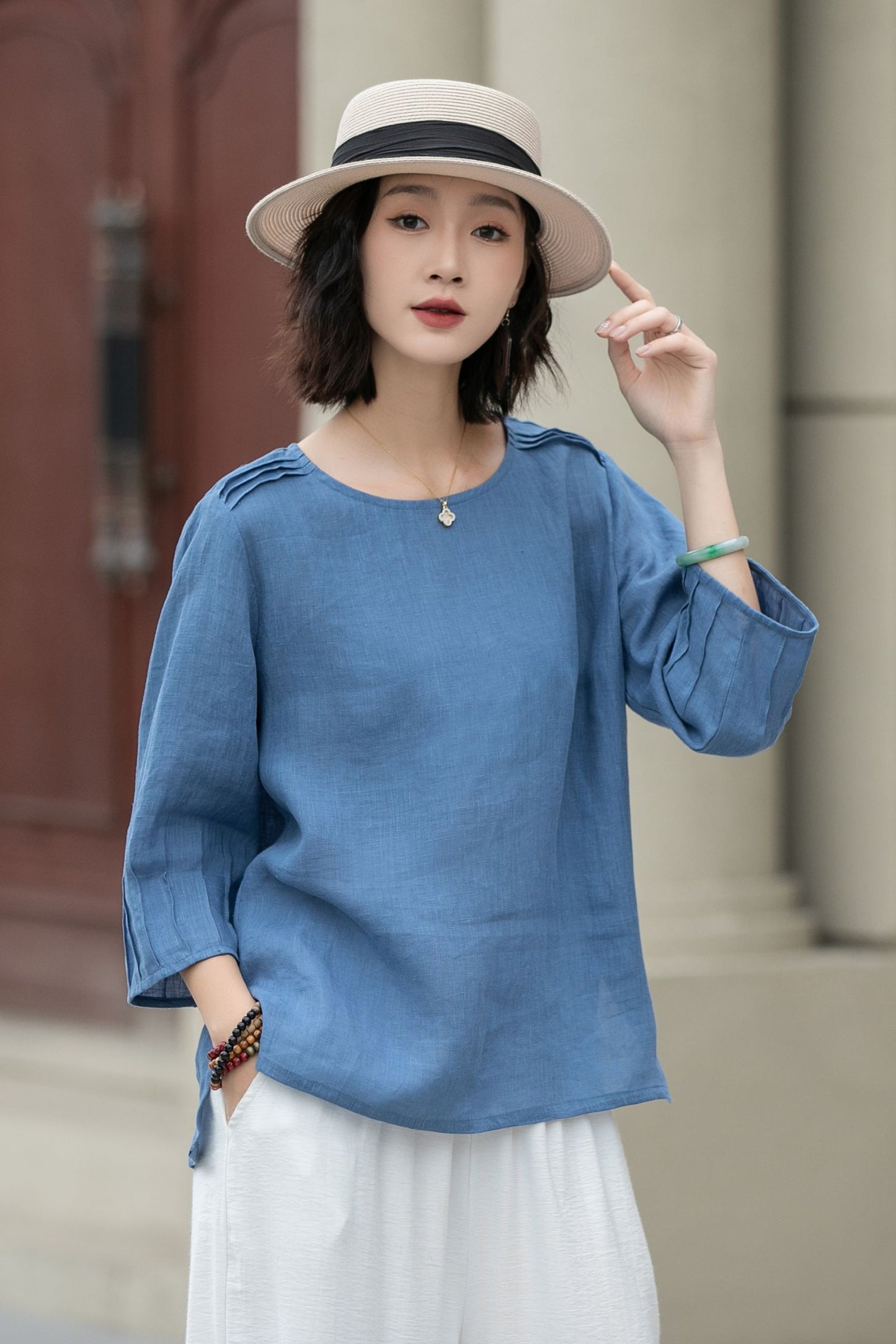 Blue summer linen top blouse 5221