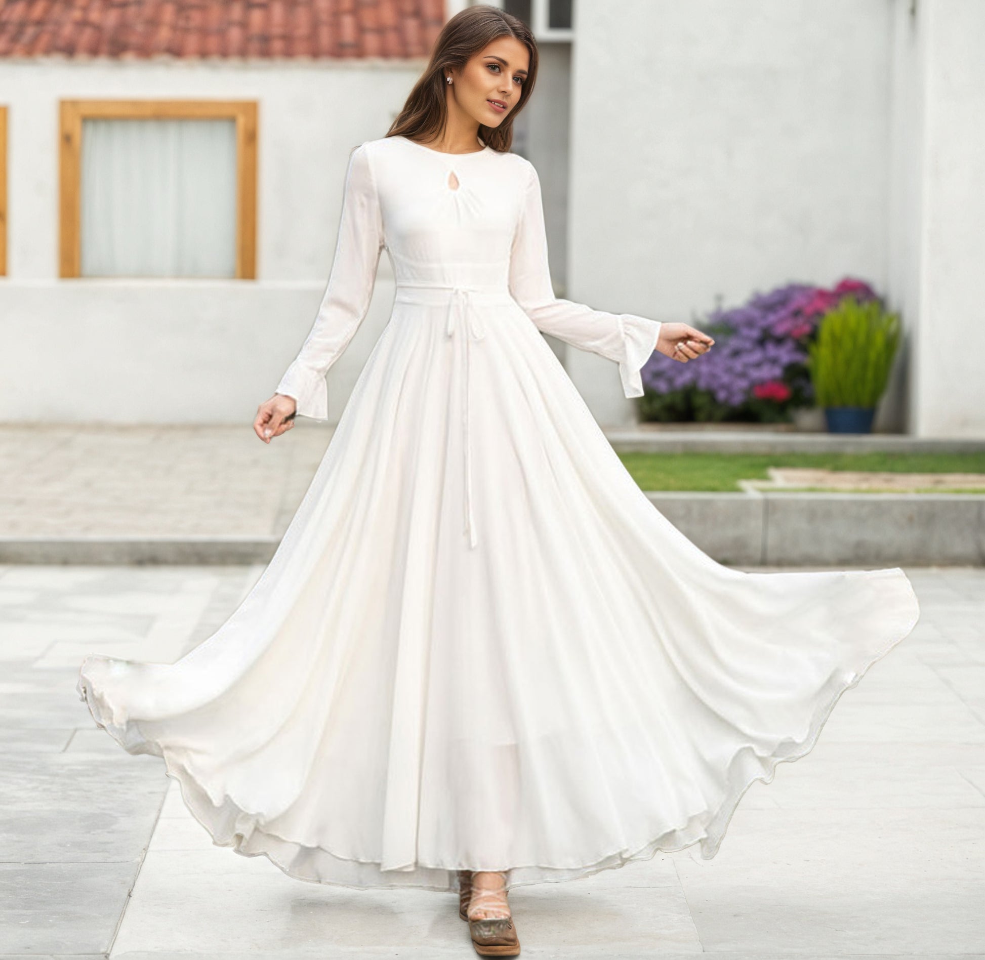 Elegant White Long Dress Flared Skirt & Keyhole Neckline 2622 Xiaolizi Elegant White Long Dress Flared Skirt & Keyhole Neckline 2622 Xiaolizi