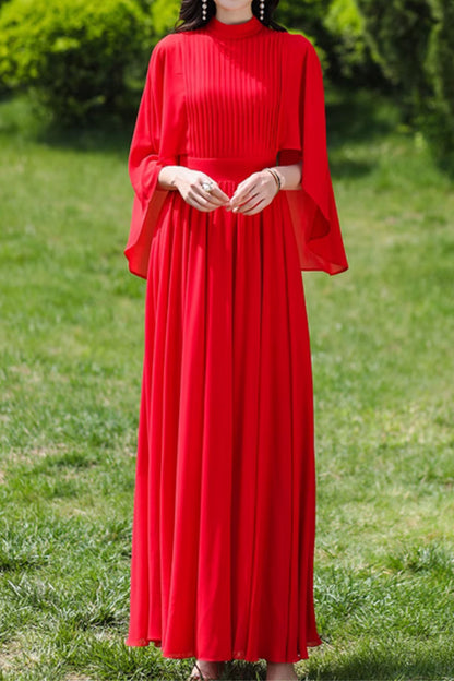 Fuchsia Polyester Maxi Dress - Flowing Swing Sleeve, Fitted Waist c4978