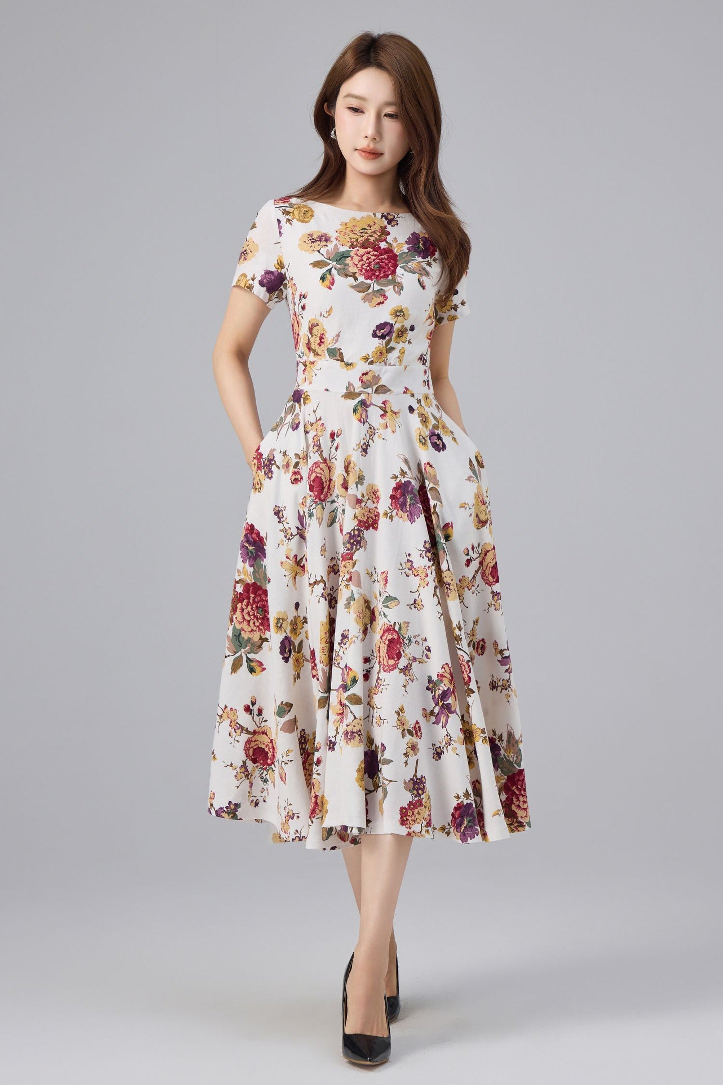 Floral Linen Cotton Midi Dress - Flattering Waist, A-line Swing | Xiaolizi 6762