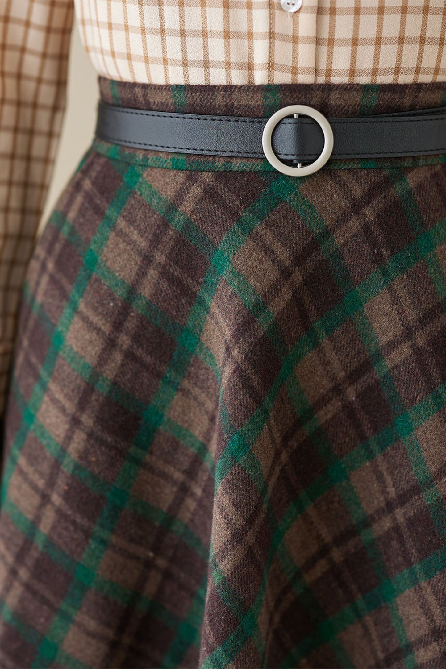 Midi Swing Circle Wool Plaid Skirt 4623