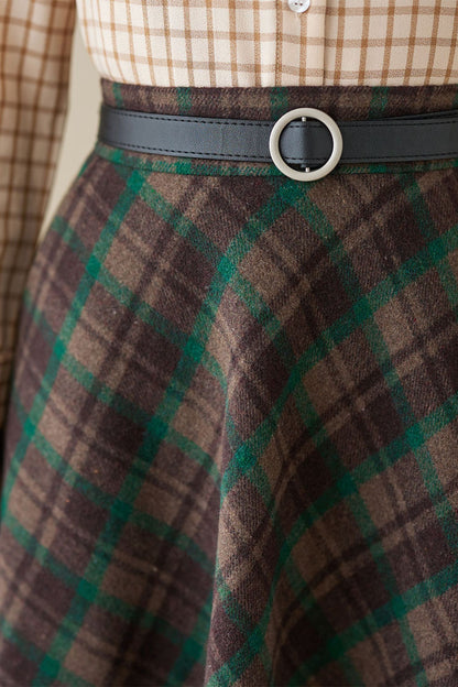Vintage Plaid Wool Midi Skirt – High-Waisted A-Line Silhouette – 4623