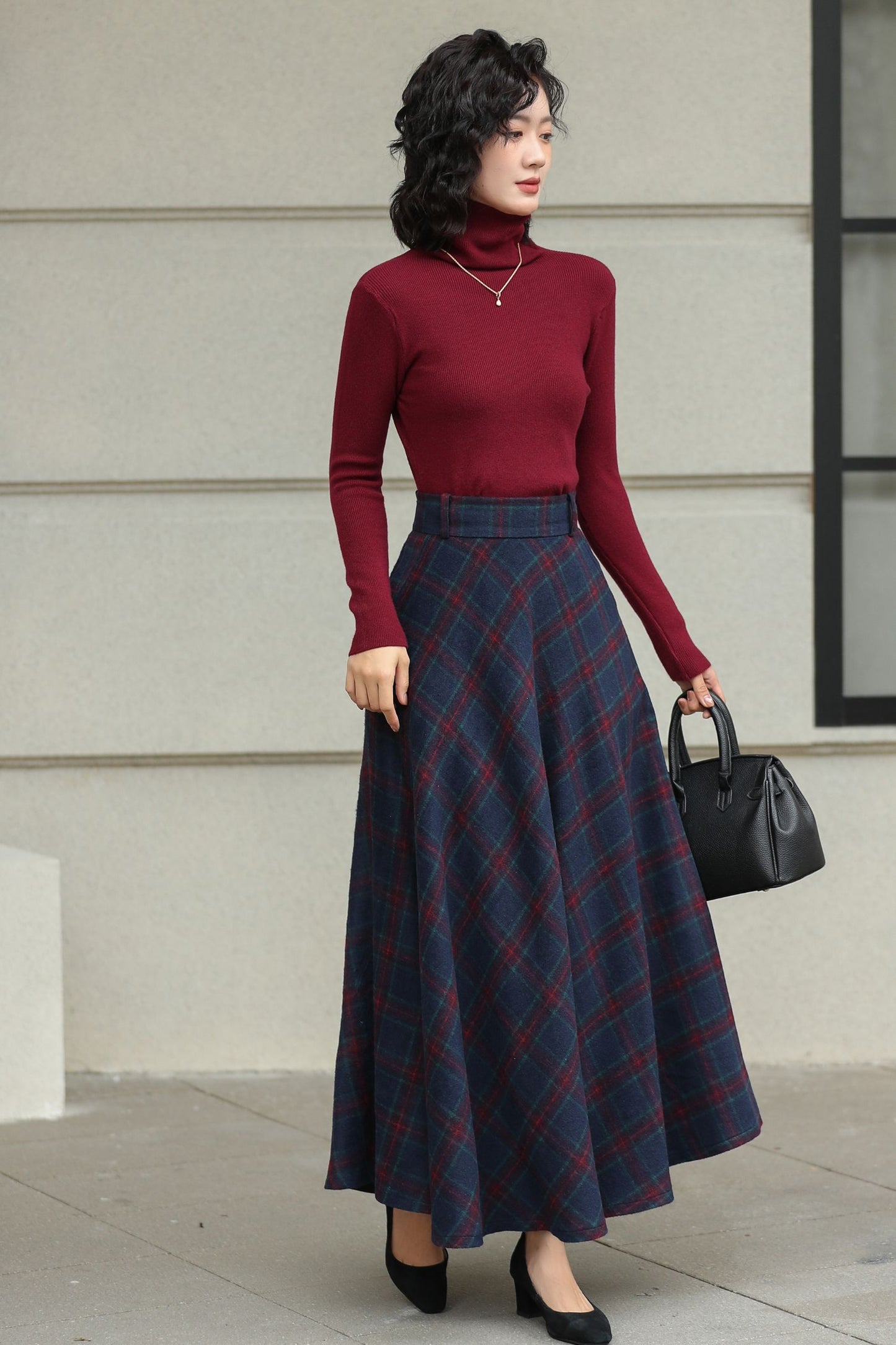 Handmade Charcoal Grey Plaid Wool Maxi Skirt – High Waist Winter Elegance | Xiaolizi 6426