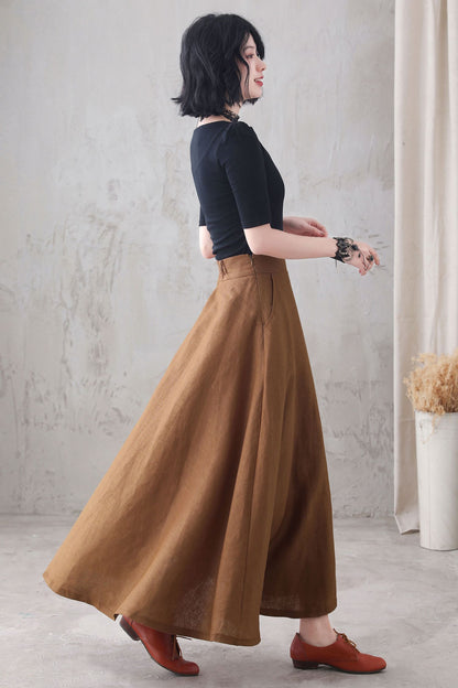Brown Linen Maxi Skirt - High Waist A-Line with Pockets 3286