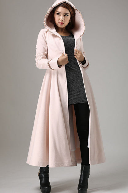 Vintage Pink Wool Blend Coat – Ruffle Hood Long Winter Coat for Women | Xiaolizi 0727