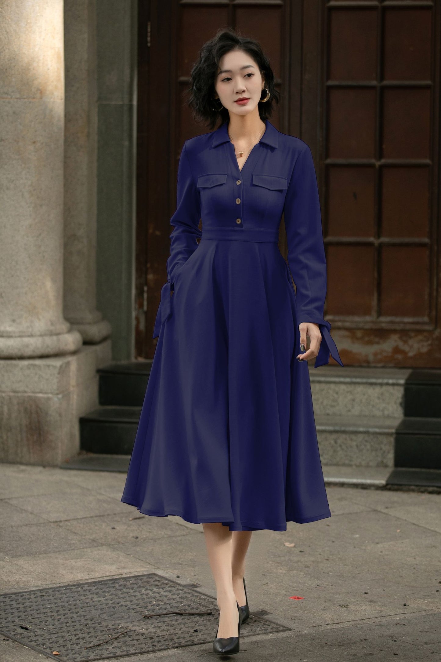 Handmade Linen Cotton Midi Shirt Dress – Vintage Elegant Swing Dress for Women 6286