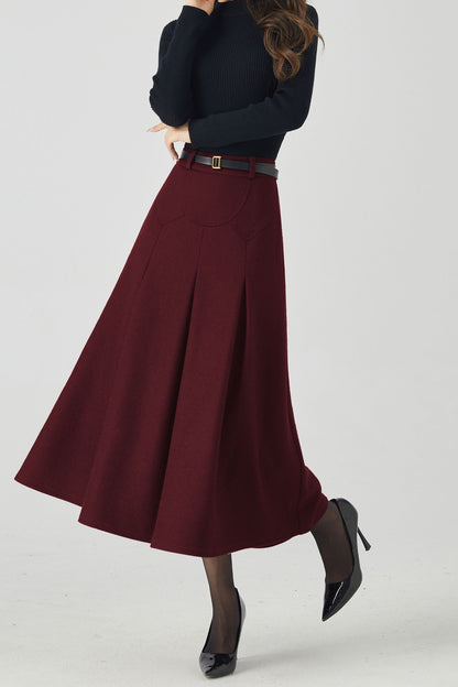 Burgundy Wool Midi Skirt – Vintage High Waist A-Line Winter Skirt with Pockets 6332