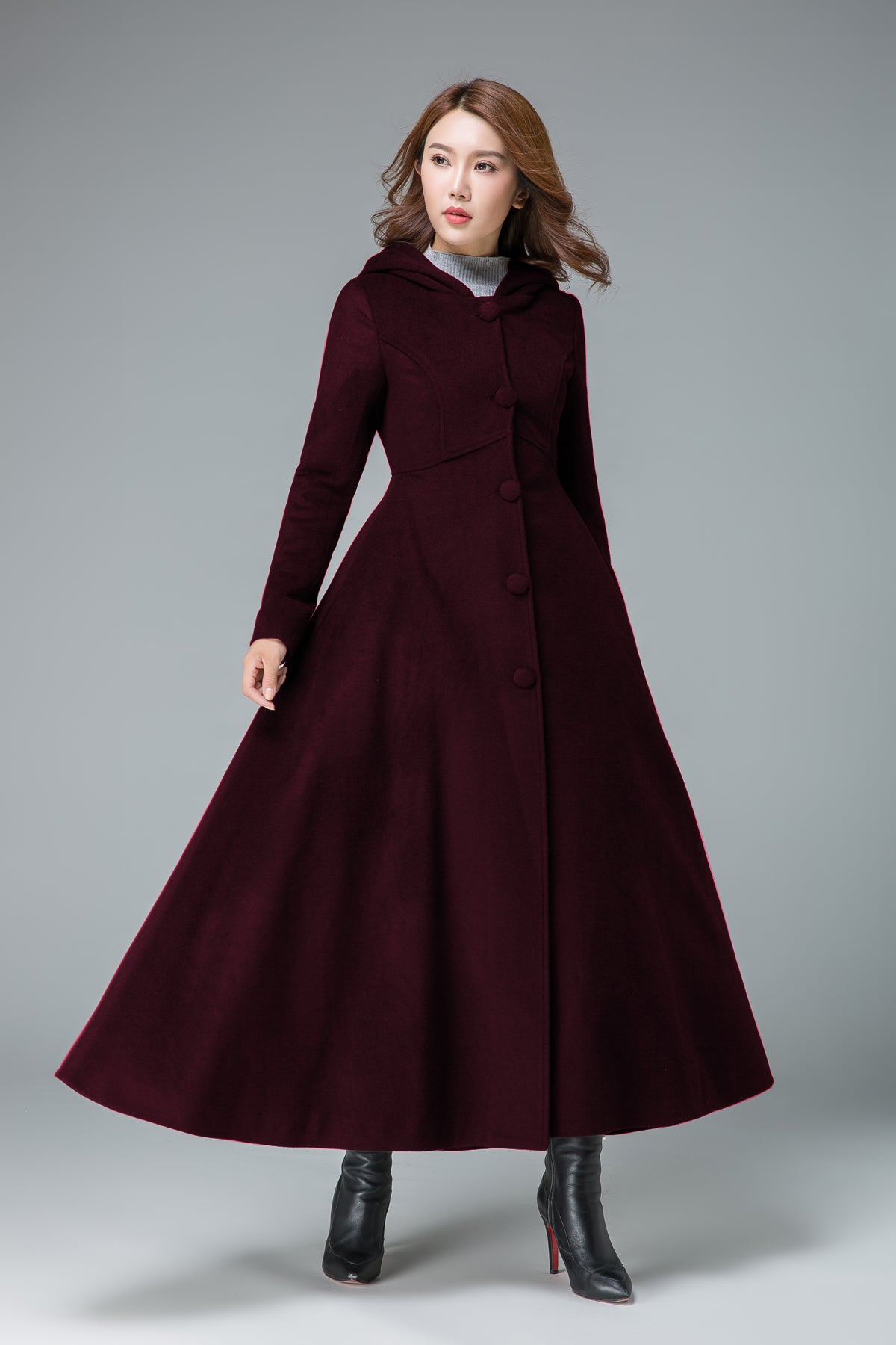 Elegant Hooded Wool Coat – Vintage Inspired Maxi A-Line Winter Outerwear 6304