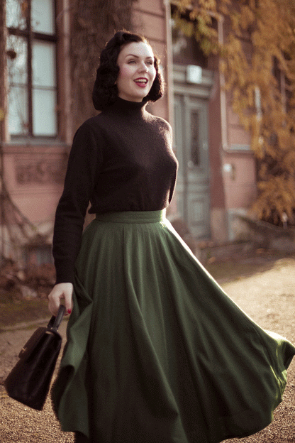 Green Wool Midi Skirt - High Waist, Flowing Silhouette 4738