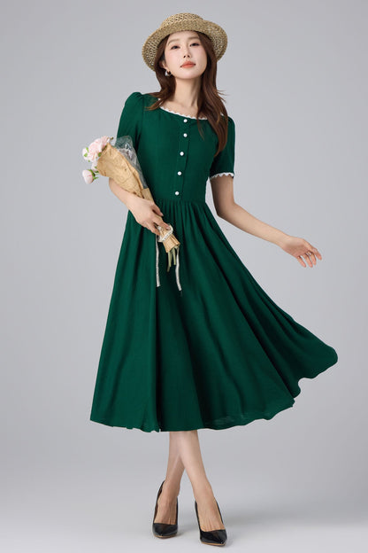 Emerald Linen Midi Dress - Square Neck Puff Sleeve | Xiaolizi 6760