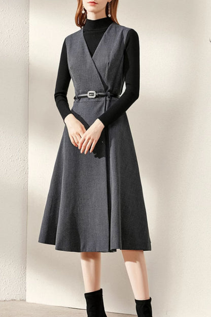 Burgundy Wool Blend Midi Dress – Sleeveless V-Neck Winter Dress with Pockets 5278