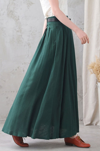 Emerald Green Linen Cotton Long Pleated Swing Skirt - High Waist with Pockets 3333