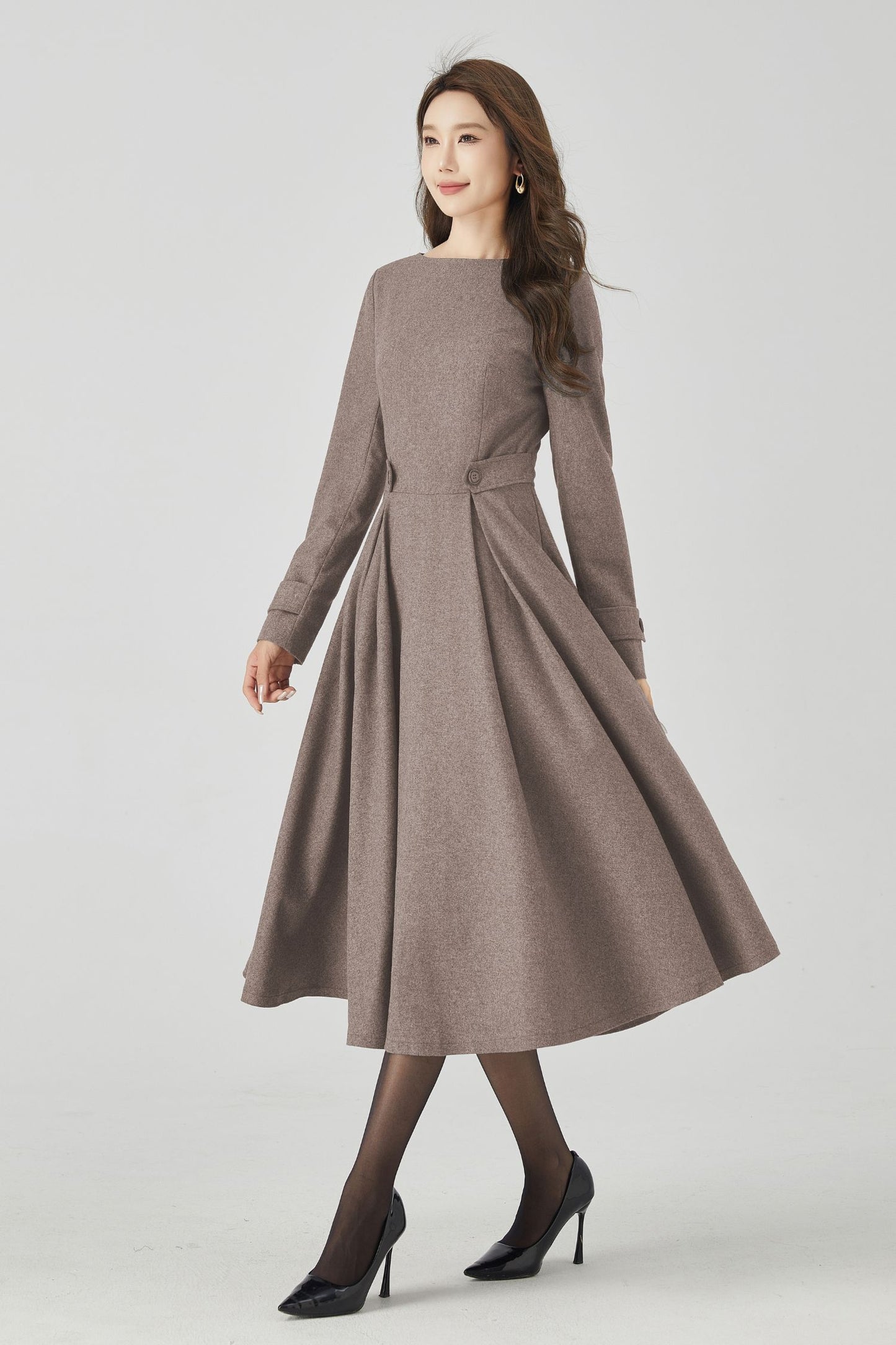 Brown Wool Dress – Handmade Fit & Flare Long Sleeve Midi | Xiaolizi 5444