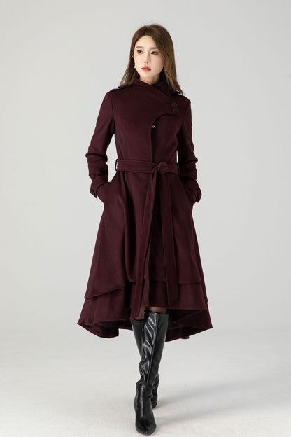 Burgundy Midi Asymmetrical Winter Wool coat 4603