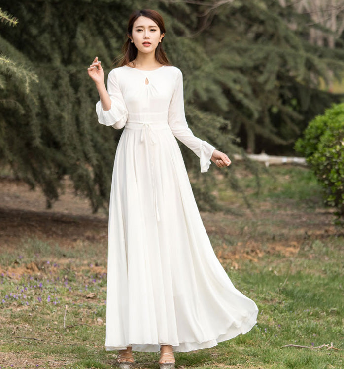 long white dress for women Snyder Sleeve Sheer Maxi | Cream | Womens Fully lined White Chiffon Maxi Dress with
