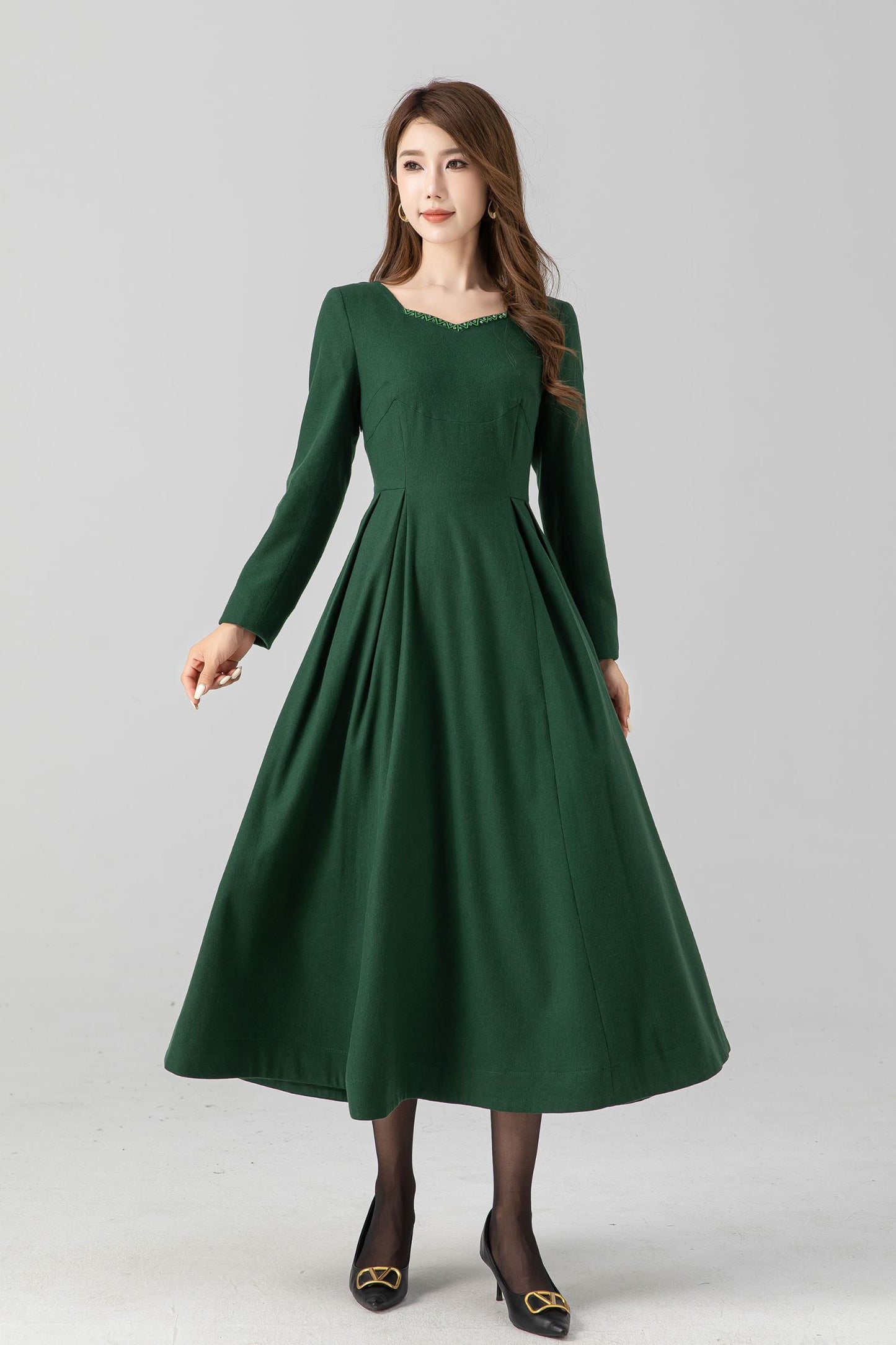 Green fit and flare midi wool dress women 4670