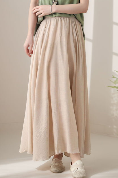 Beige Linen Cotton Maxi Skirt - Circle Swing Pleated | Xiaolizi 5134