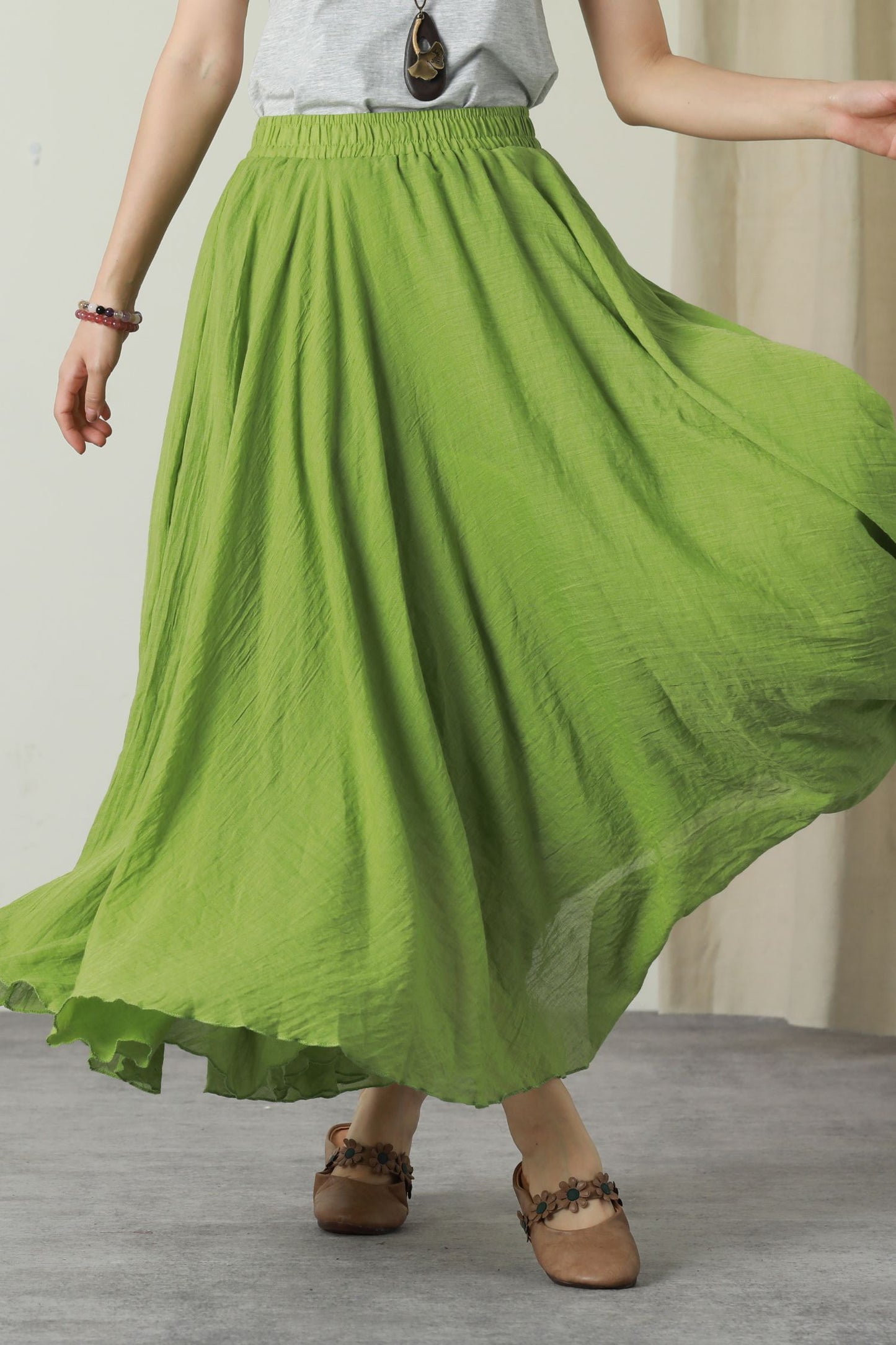 Green summer swing long linen skirt women 6177