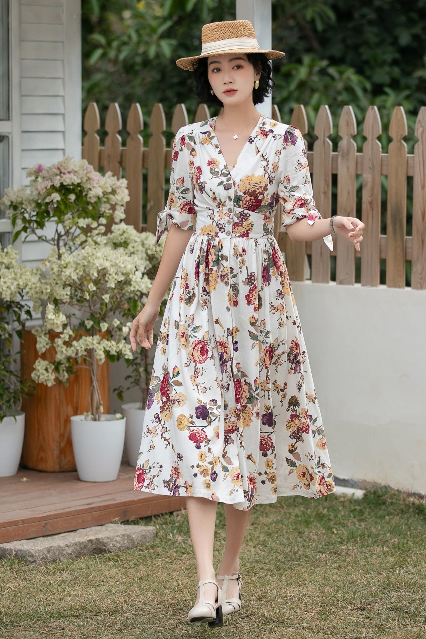 Xiaolizi Floral Linen Midi Dress – Vintage V Neck A-Line 6699