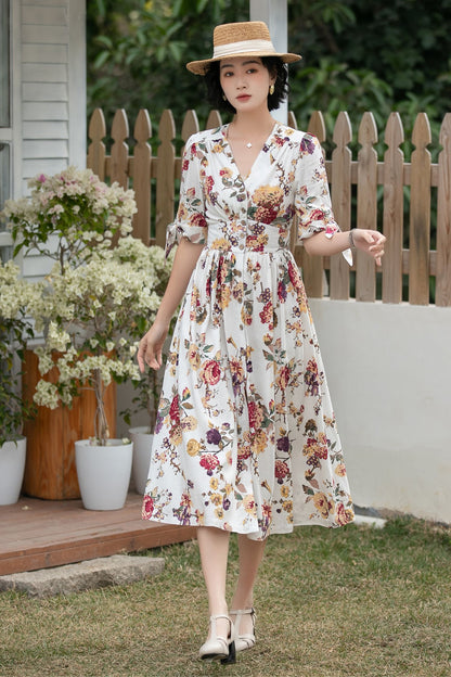 Xiaolizi Floral Linen Midi Dress – Vintage V Neck A-Line 6699