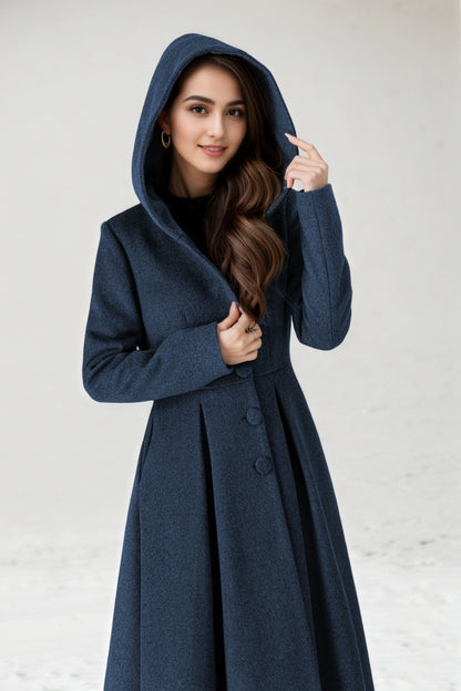 Burgundy Hooded Wool Maxi Coat – Vintage Swing Long Winter Overcoat 5242