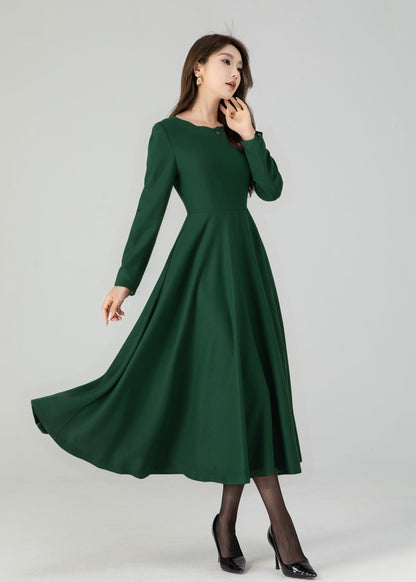 Green Wool Midi Dress - Fit and Flare with Wave Neckline 5429