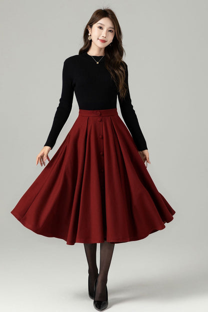 Vintage Wool Blend Midi Skirt – Handmade Pleated Swing with Pockets | Xiaolizi 5230
