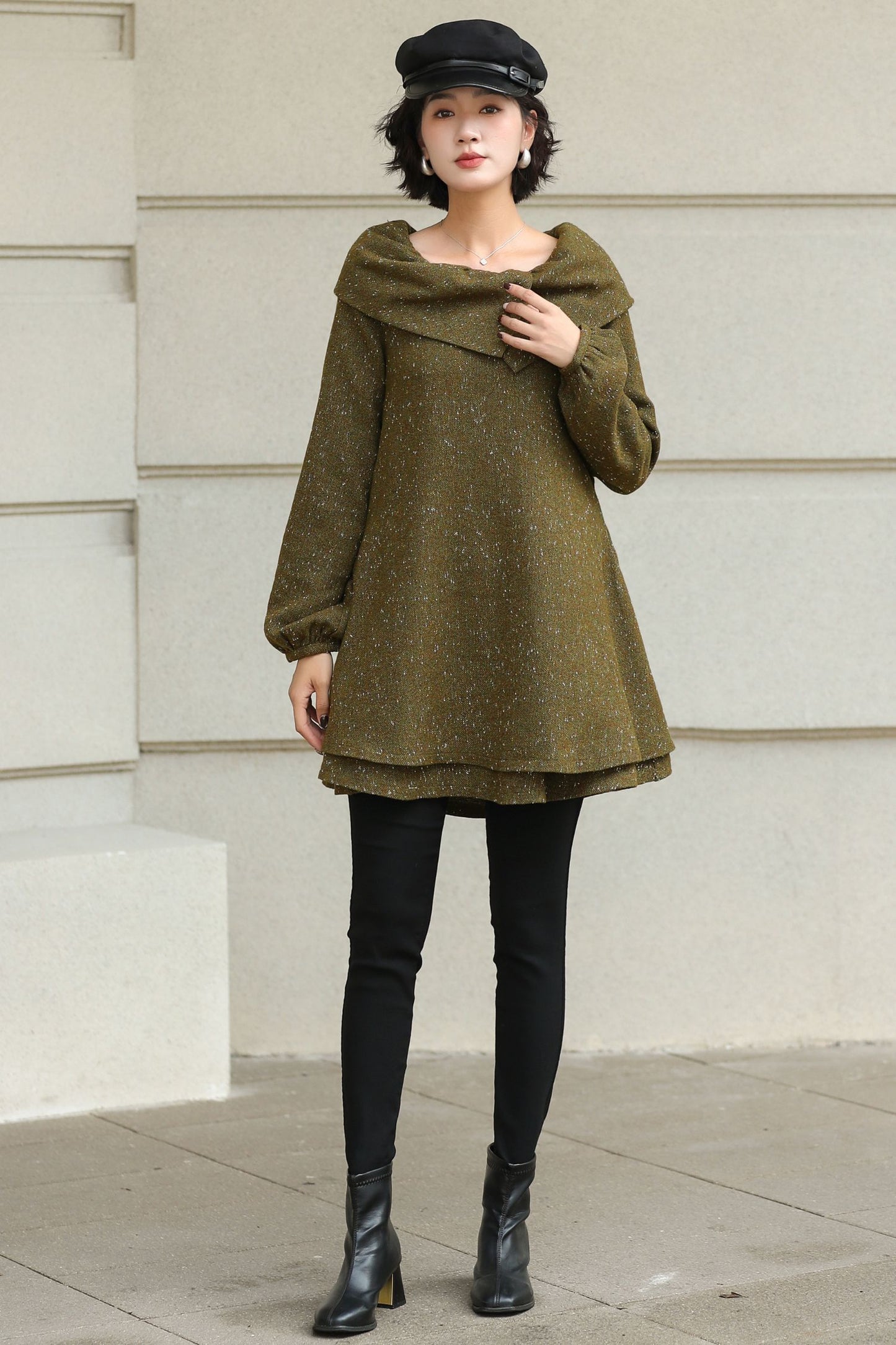 Handmade Wool Blend Tunic Coat – Vintage-Inspired Oversized Collar for Fall/Winter | Xiaolizi 6513