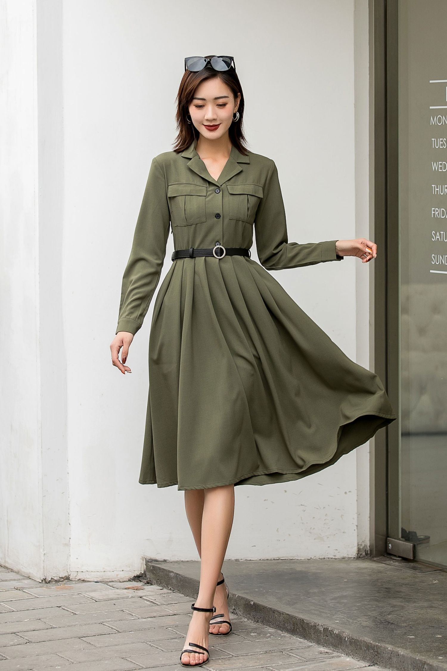 Green Polyester Shirt Dress | Long Sleeve Midi | Xiaolizi 2846 Green Polyester Shirt Dress | Long Sleeve Midi | Xiaolizi 2846
