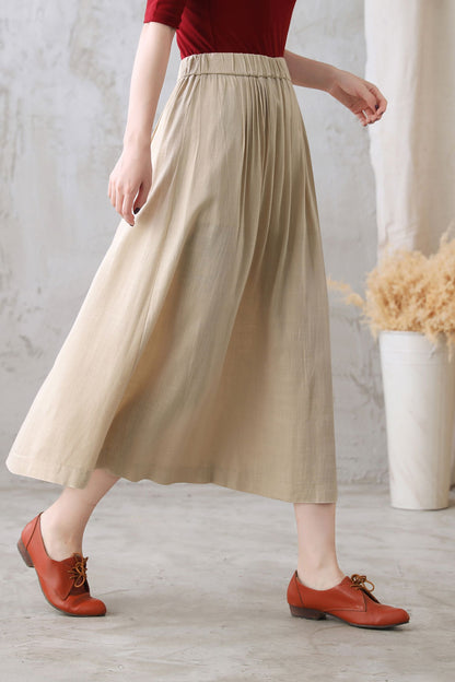 Khaki Cotton Linen Midi Skirt - Pleated Waist, High Rise 2773