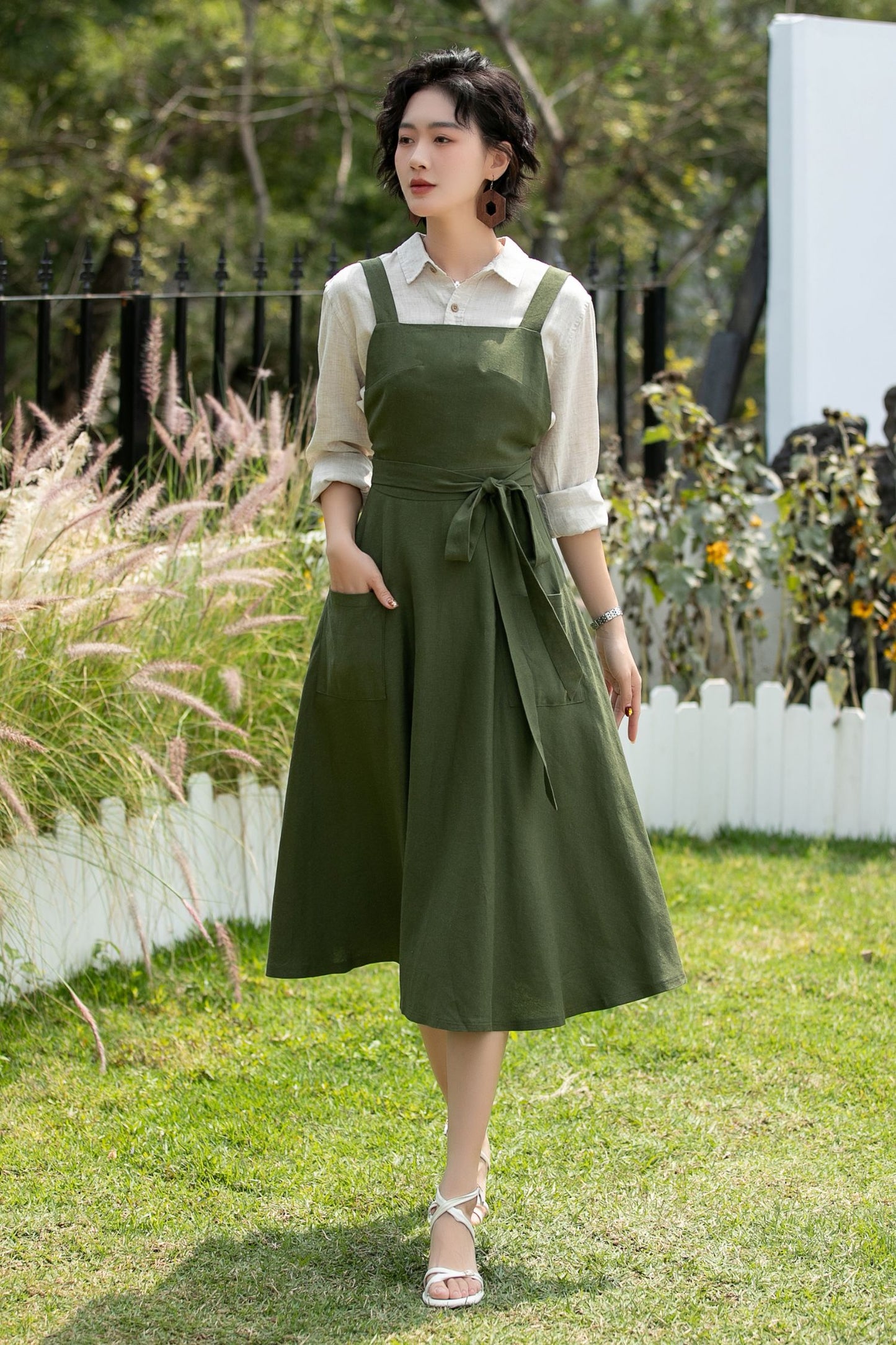 Olive Linen Cotton Pinafore Dress - Midi Fit Flare | Xiaolizi 6745