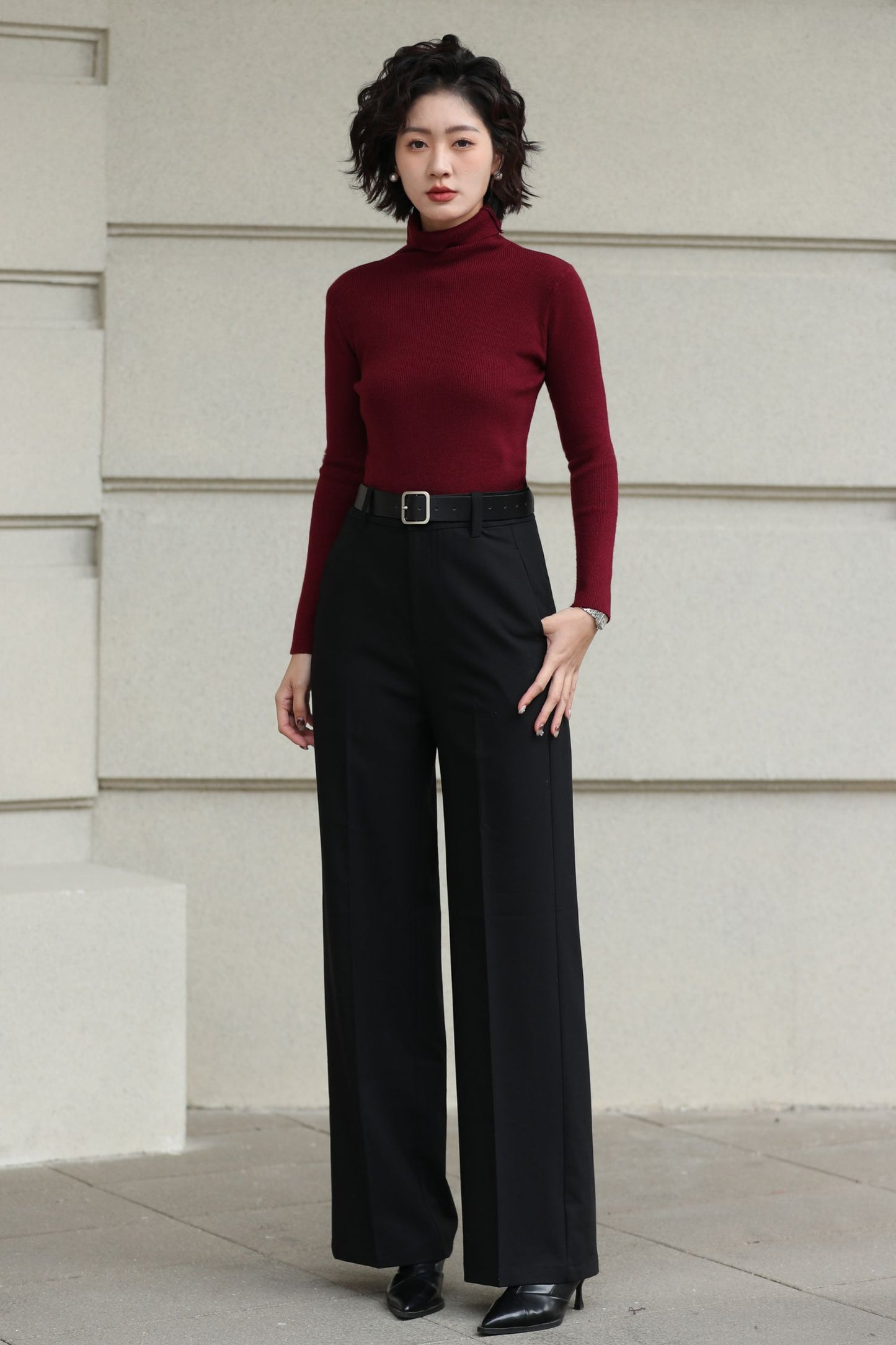 Handmade Vintage Wool Pants – Black High Waist Wide Leg Winter Trousers 6620
