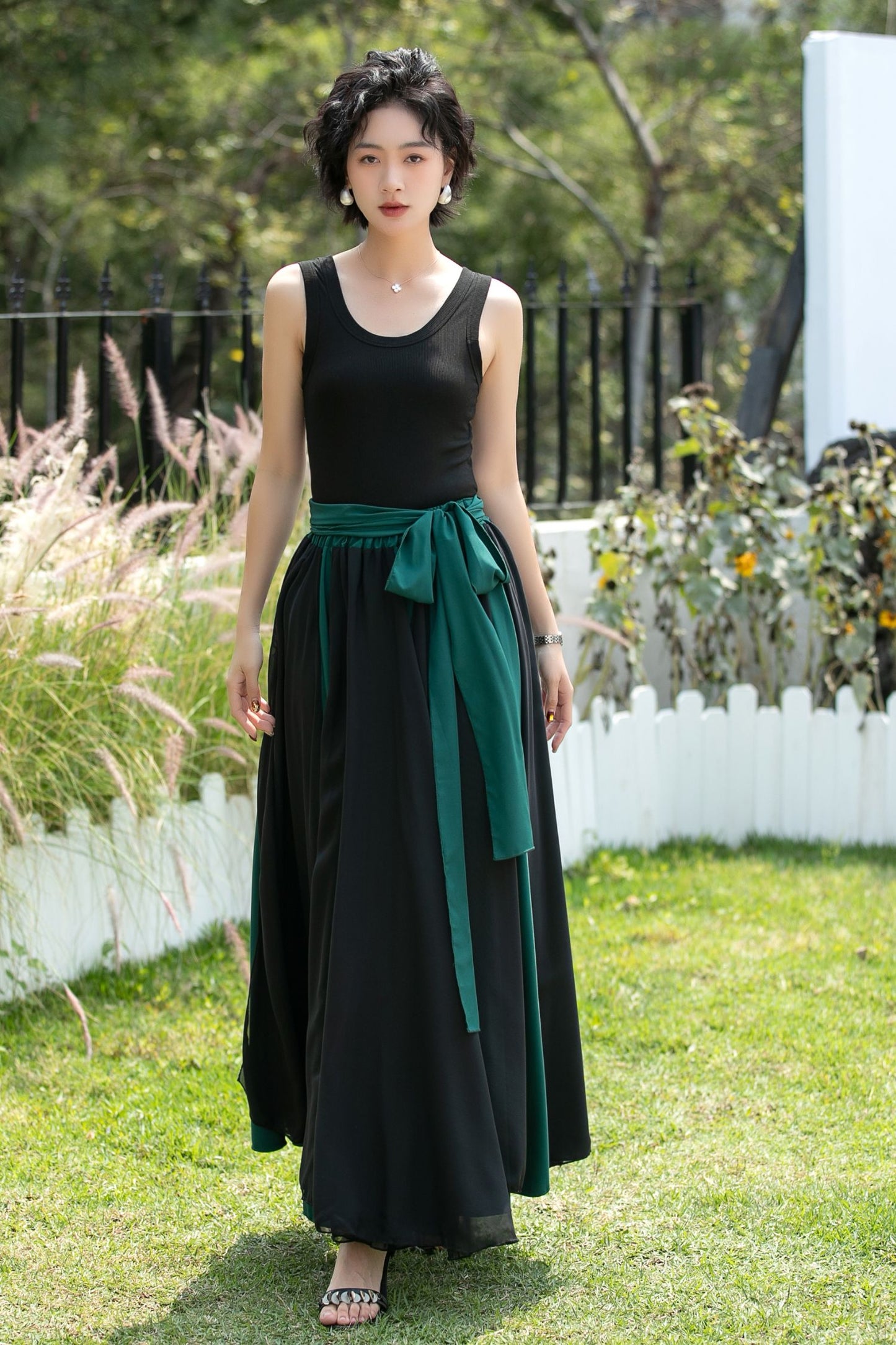 Black and Emerald Green Chiffon Maxi Skirt | Xiaolizi 6741