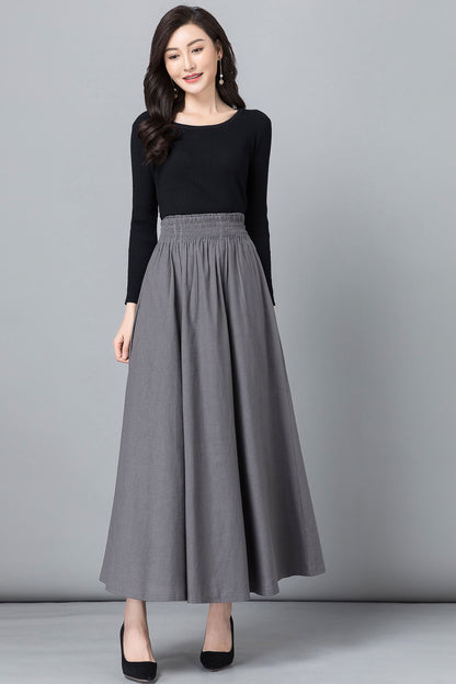 Gray Linen Cotton Maxi Skirt - High Waist Pleated Swing 2358