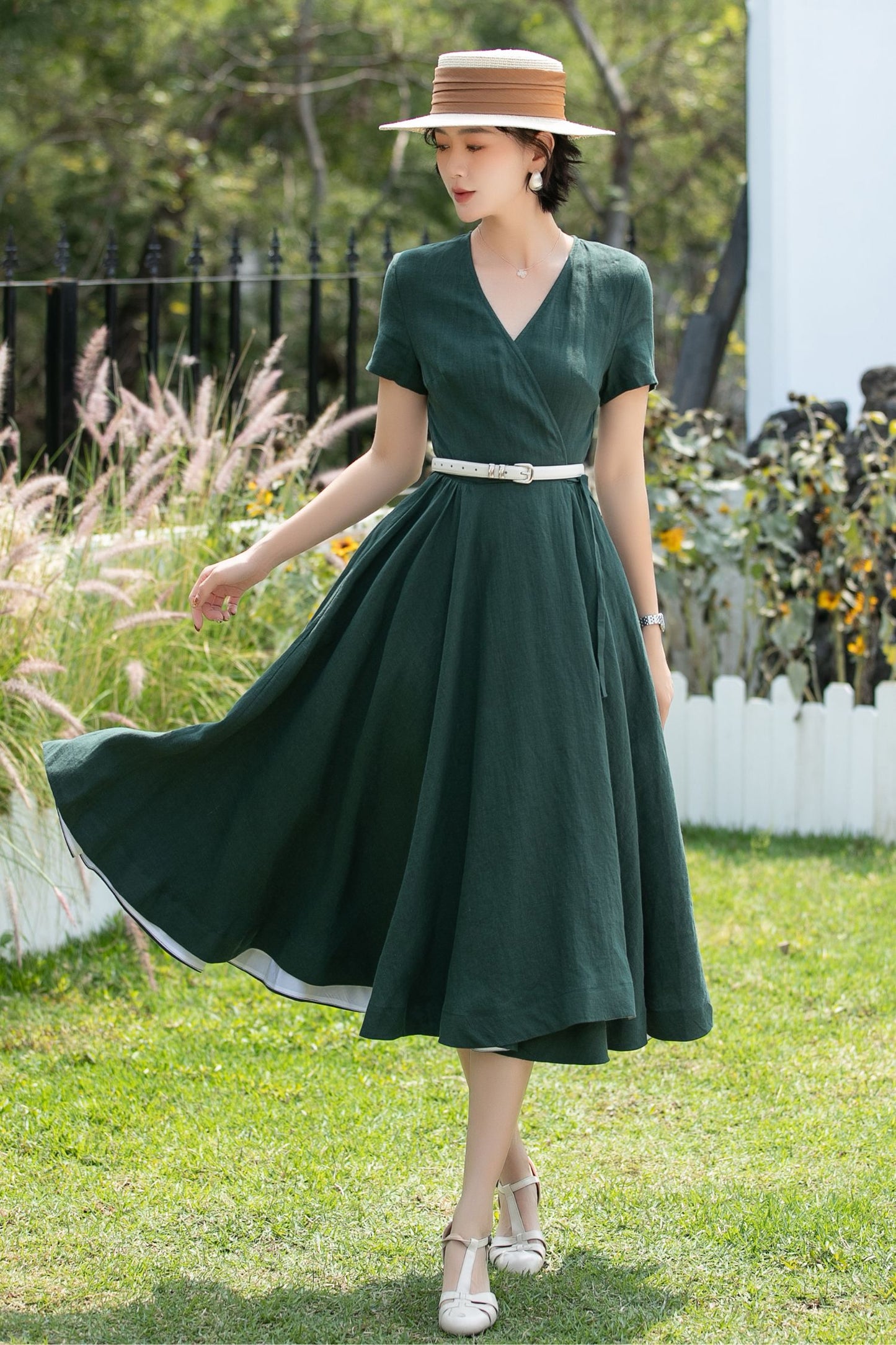 V-Neck Linen Fit and Flare Midi Dress | Xiaolizi 6739 - Size XS #CK2600280