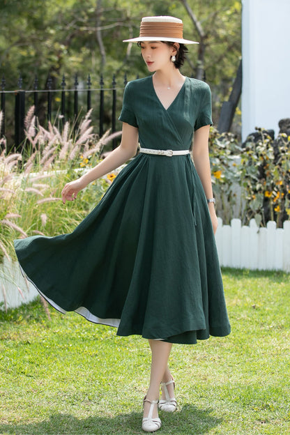 V-Neck Linen Fit and Flare Midi Dress | Xiaolizi 6739 - Size XS #CK2600280