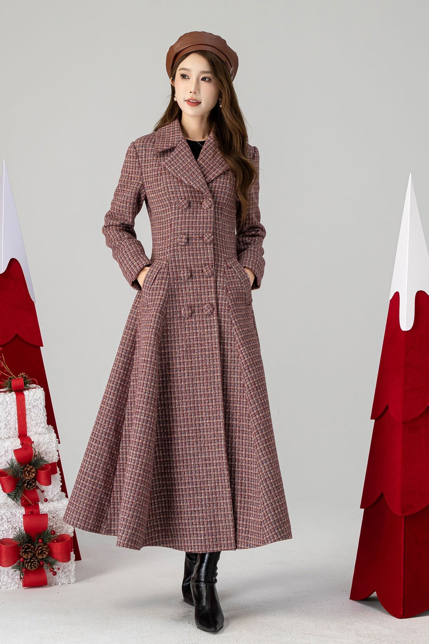 Vintage inspired plaid long wool coat 4614