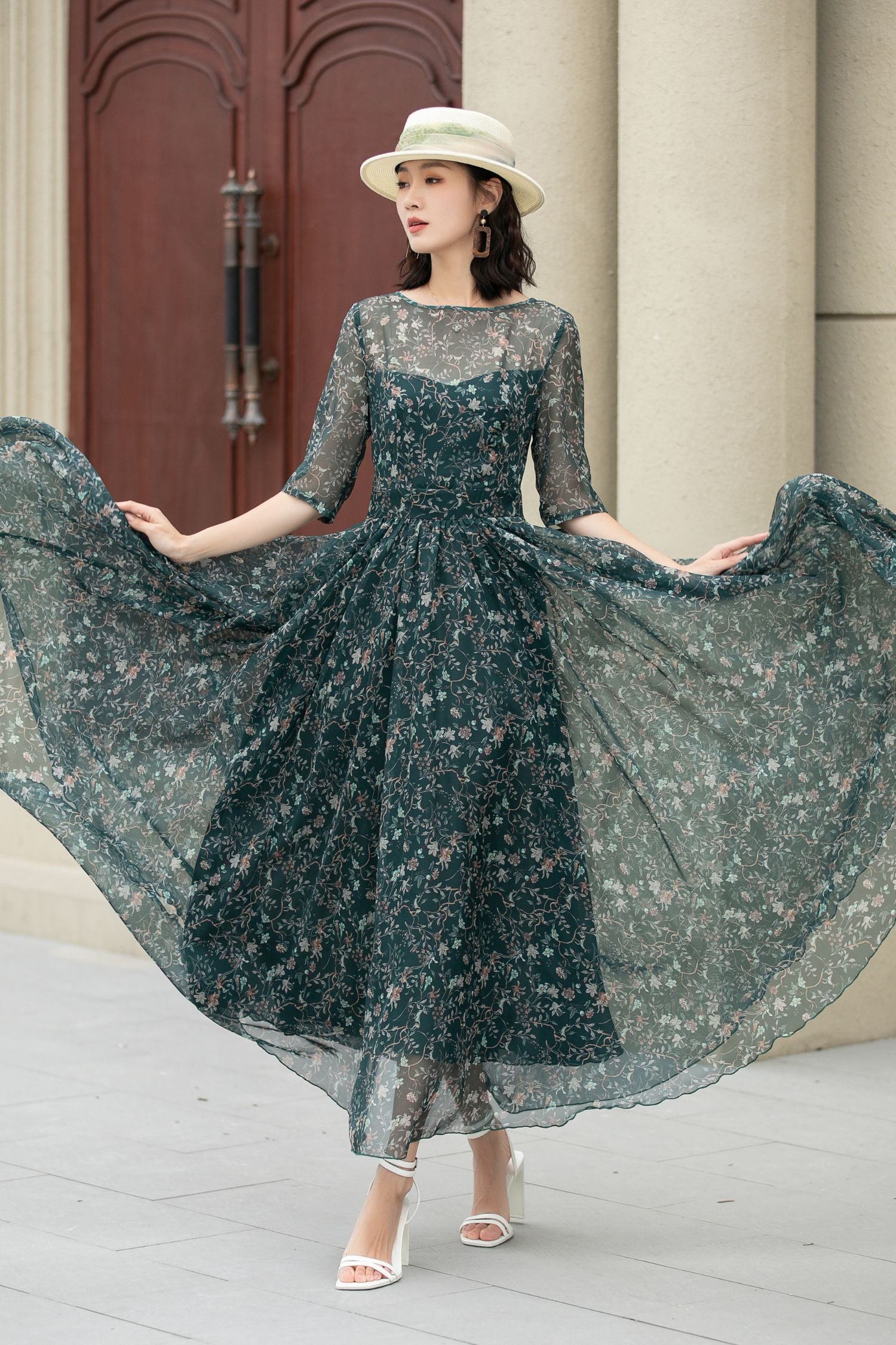 Floral Chiffon Swing Dress - Boat Neck Maxi Prom | Xiaolizi 5146 - Floral / XS Floral Chiffon Swing Dress - Boat Neck Maxi Prom | Xiaolizi 5146 - Floral / XS