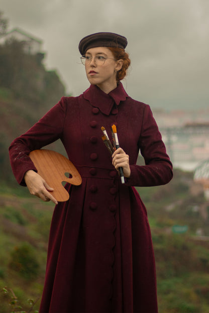 Handmade Burgundy Wool Coat – Vintage Scholar-Inspired Winter Overcoat 4813