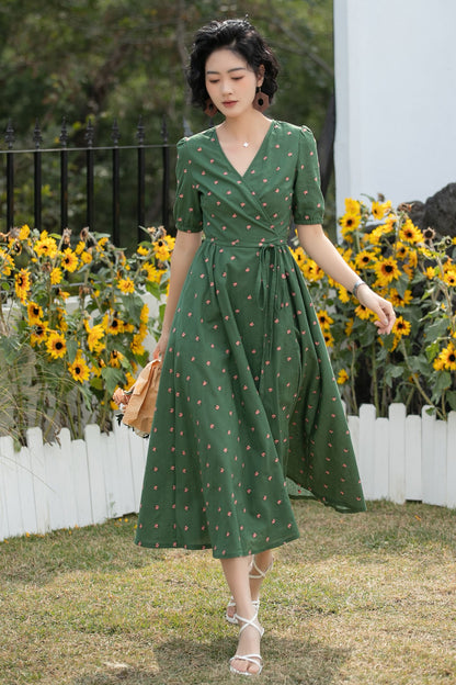 Xiaolizi Green Linen Midi Dress – Vintage Wrap Puff Sleeve Summer Dress 6689 -Size XS #CK2600175