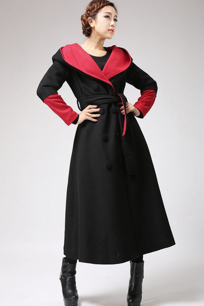 Black Wool Hooded Maxi Coat - Double Breasted Belt | Xiaolizi 700