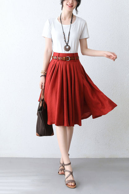 Red Linen A-Line Pleated Skirt - High Waist, Knee Length 2889
